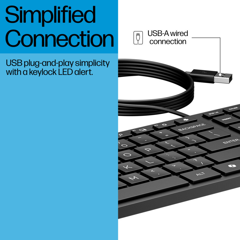 HP Desktop 320K Tastiera USB cablata – layout belga AZERTY, nera, full-size con tastierino numerico, resistente agli schizzi, per thin client e desktop (9SR37AA#AC0)