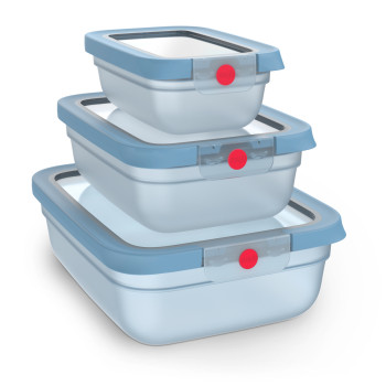 EMSA ONECLICK Set contenitori per conservazione, 3 pezzi, 0,5/1,2/2,3 L, coperchi blu, contenitori trasparenti 3110601764