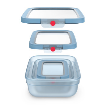 EMSA ONECLICK Set contenitori per conservazione, 3 pezzi, 0,5/1,2/2,3 L, coperchi blu, contenitori trasparenti 3110601764