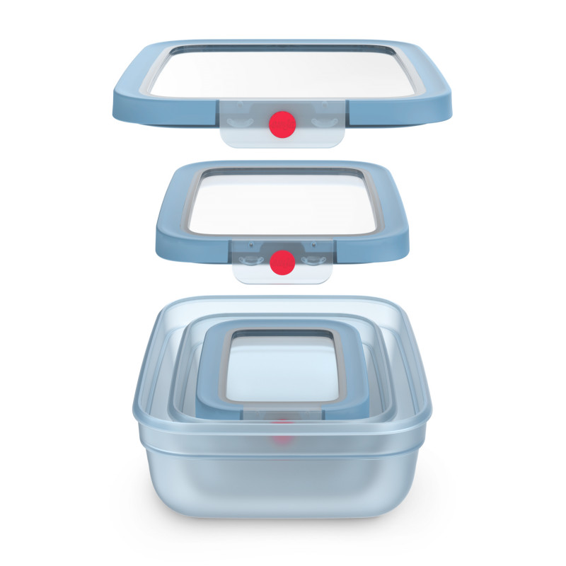 EMSA ONECLICK Set contenitori per conservazione, 3 pezzi, 0,5/1,2/2,3 L, coperchi blu, contenitori trasparenti 3110601764