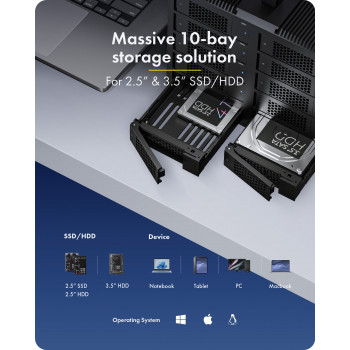 ICY BOX IB-3710-C31 case JBOD USB 3.2 Gen 2 a 10 vani per HDD/SSD SATA da 2,5 pollici/3,5 pollici, Single Mode, cavo USB-C a C, alimentatore 200 W, nero