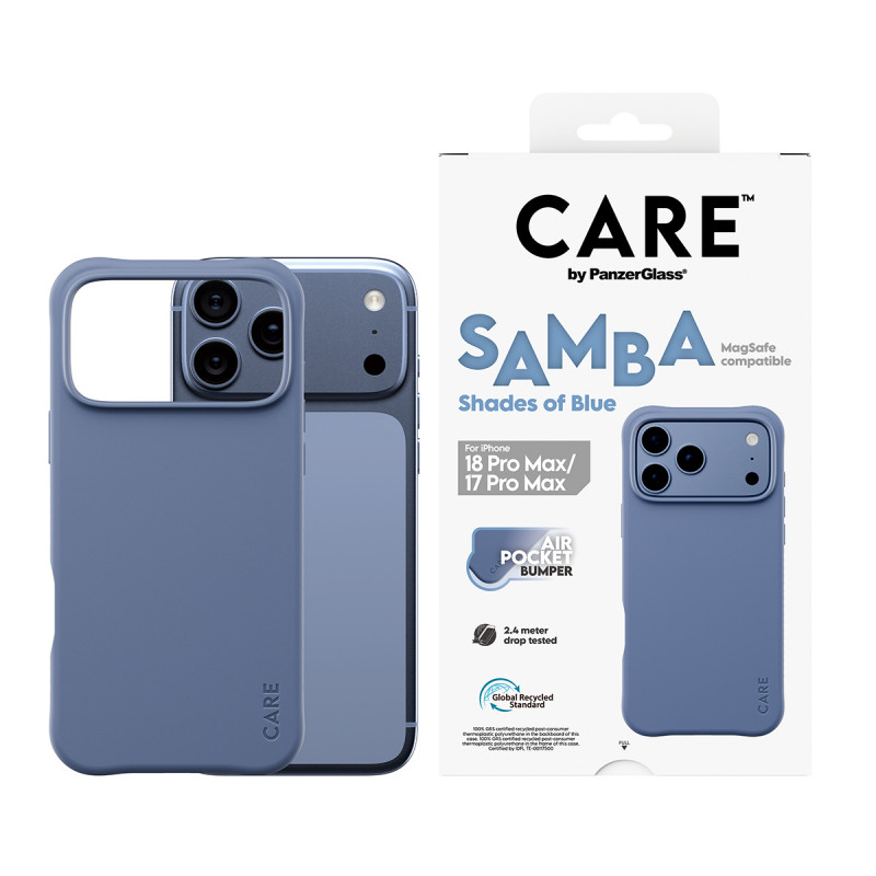 PanzerGlass CARE™ by Samba custodia Shades of Blue con MagSafe per iPhone 17 Pro Max / 18 Pro Max trasparente