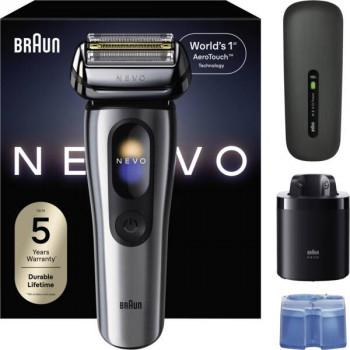 Braun NEVO 17000cc rasoio elettrico con stazione Clean&Charge, 5 modalità, testina di rasatura 360°, cromato/argento 349659