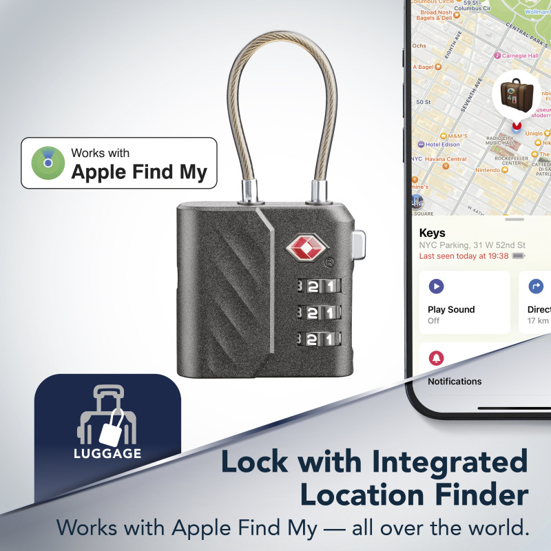 Cellularline TRACY LOCK Lucchetto smart con tracker Bluetooth tramite Apple Find My, nero 61302