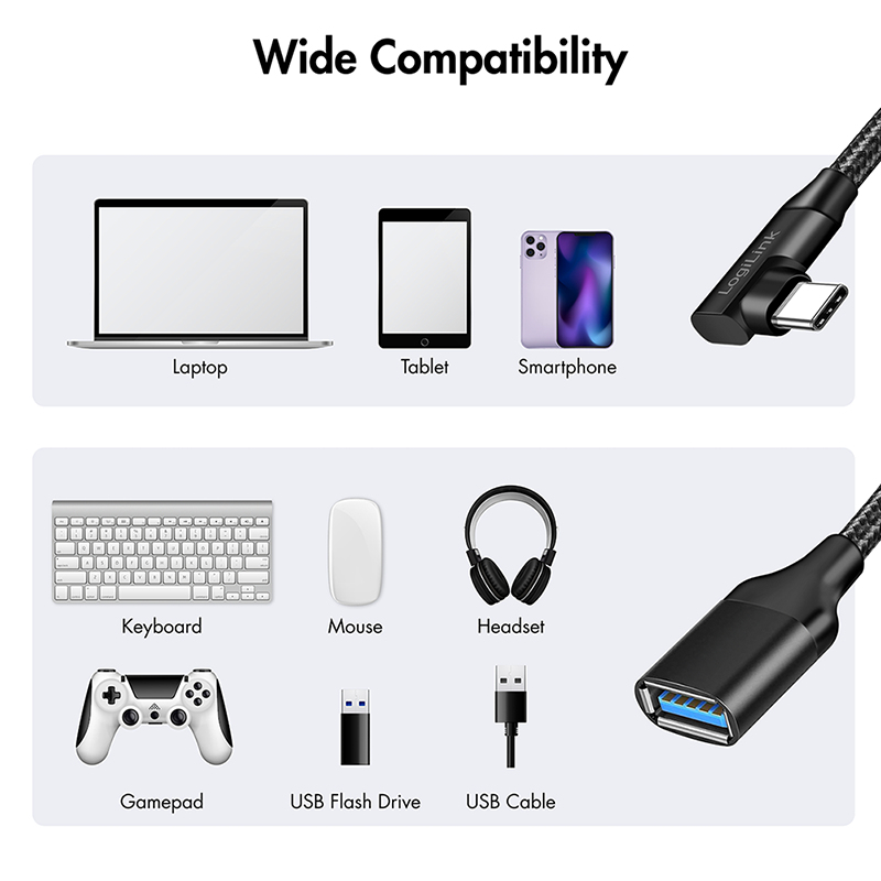 LogiLink CU0100 cavo adattatore USB-C a USB-A, 0,2 m, 10 Gbps, angolare 90°, nero