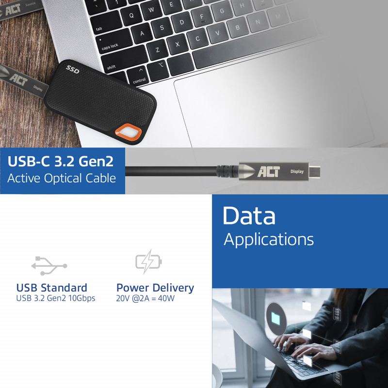 ACT USB-C 3.2 Gen2 Active Optical Cable (AOC), per touch panel, video, dati, alimentazione, 15 m (AK4335)