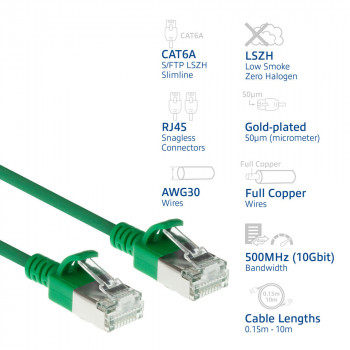 ACT cavo patch slimline LSZH S/FTP CAT6A verde 1 m con connettori RJ45, snagless (DB7701)