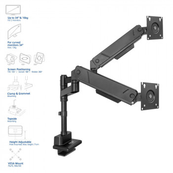 ACT AC8330 Office Solid Pro braccio doppio per monitor, molla a gas, montaggio su palo, fino a 34"