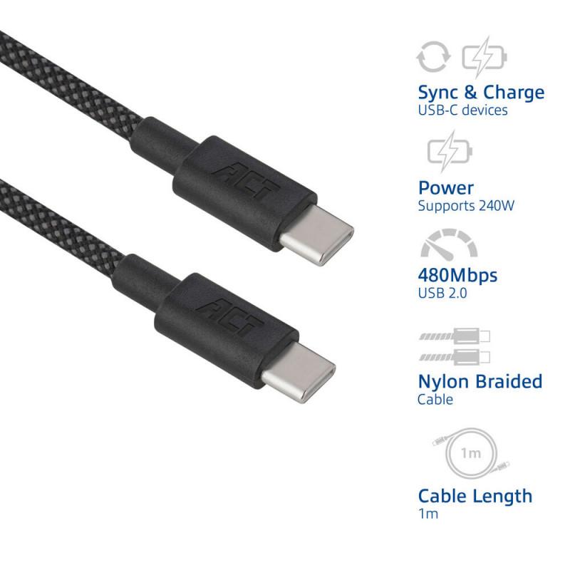 ACT cavo di ricarica/dati USB 2.0 240W USB-C a USB-C, nero, 1m (AC3086)