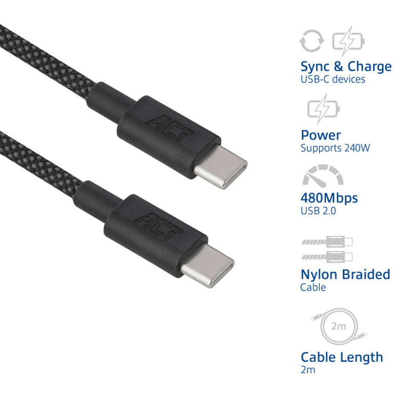 ACT cavo di ricarica/dati USB 2.0 240W USB-C a USB-C, nero, 2 m (AC3087)