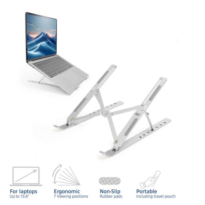 ACT supporto pieghevole per laptop, regolabile in altezza su 7 posizioni, alluminio, argento, ACT Essentials (AC8121)