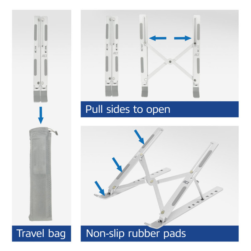 ACT supporto pieghevole per laptop, regolabile in altezza su 7 posizioni, alluminio, argento, ACT Essentials (AC8121)