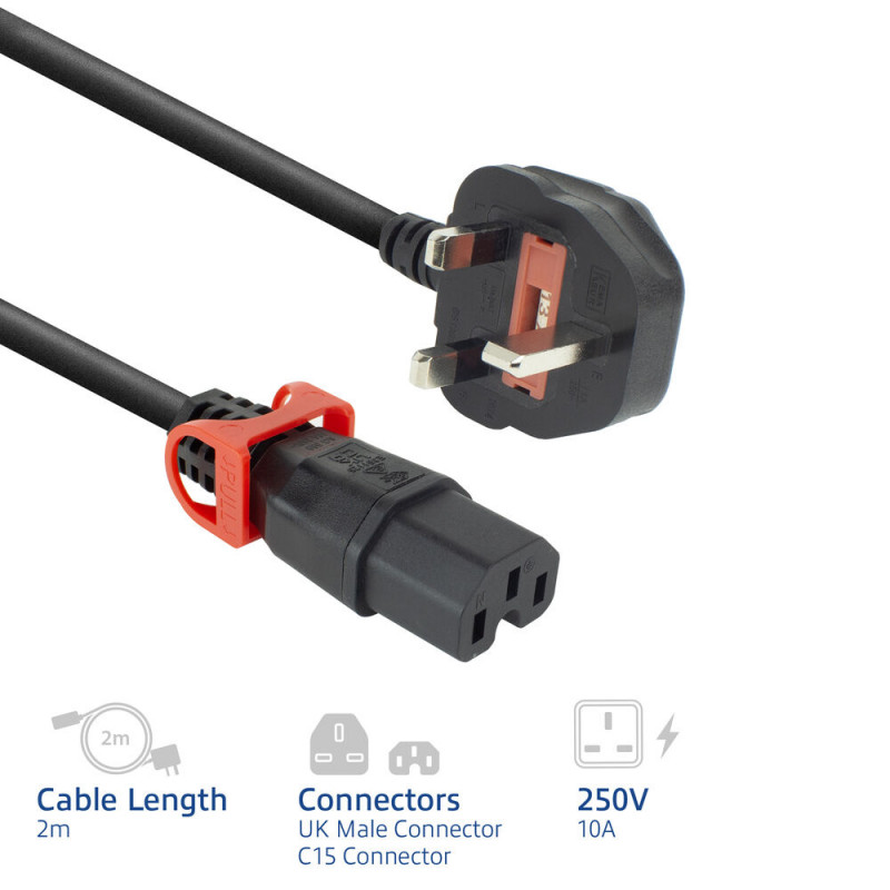 ACT cavo di alimentazione spina UK - C15 IEC Lock+ nero 2 m, PC3884 (PL0082)