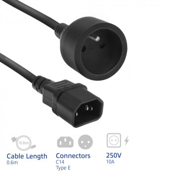 ACT cavo di alimentazione C14 IEC 60320 - connettore femmina tipo E (corrente max 10A) nero 0,6 m (AK5386)