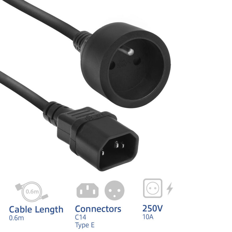 ACT cavo di alimentazione C14 IEC 60320 - connettore femmina tipo E (corrente max 10A) nero 0,6 m (AK5386)
