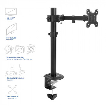 ACT AC8361 braccio monitor per schermi 17-34 pollici, pistone a gas, morsetto e passacavo scrivania, VESA 75/100, nero