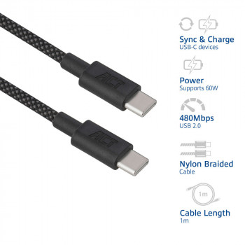 ACT cavo ricarica/dati USB 2.0 60W USB-C a USB-C, nero, 1 metro (AC3082)