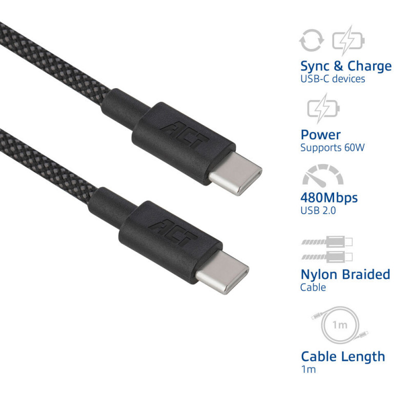 ACT cavo ricarica/dati USB 2.0 60W USB-C a USB-C, nero, 1 metro (AC3082)