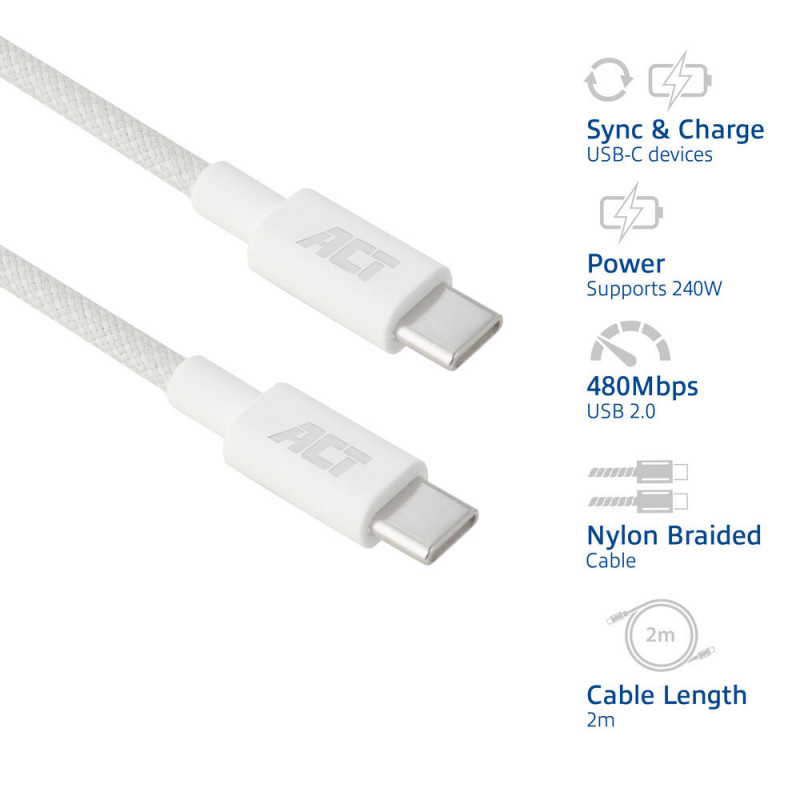 ACT cavo di ricarica/dati USB 2.0 240W USB-C a USB-C, bianco, 2 m (AC3085)
