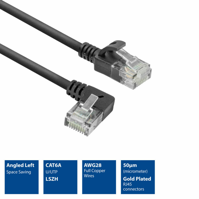 ACT DC1901 Cavo patch slimline CAT6A U/UTP LSZH 1 m, RJ45 90° angolato a sinistra su dritto, nero
