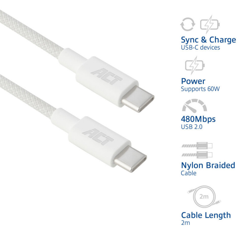 ACT Cavo di ricarica/dati USB 2.0 60W USB-C a USB-C, bianco, 2 m (AC3081)