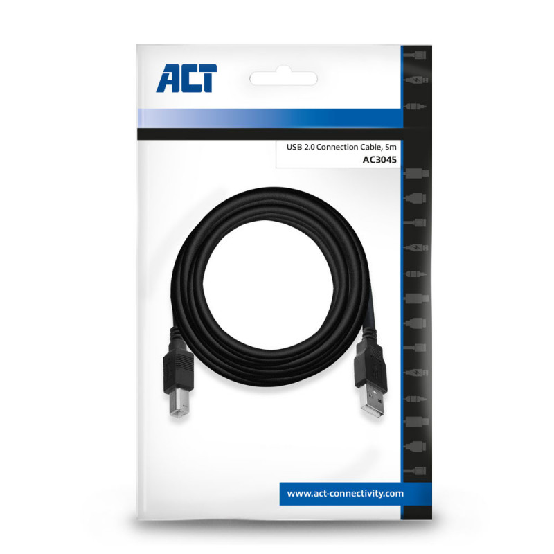 ACT AC3045 Cavo USB 2.0, connettore maschio USB-A su connettore maschio USB-B, 5 m, nero
