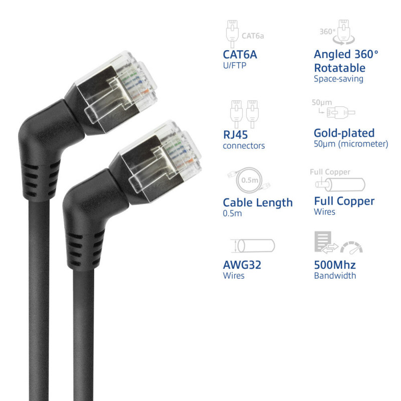 ACT DD1900 Cavo patch slimline U/FTP CAT6A nero 0,5 m con connettori RJ45 angolari girevoli a 360°