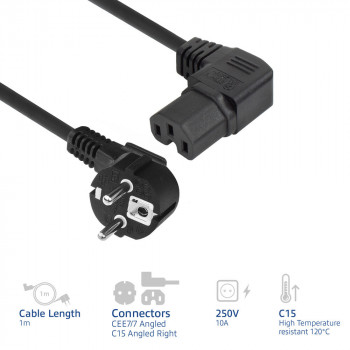 ACT AK5349 Cavo di alimentazione connettore maschio Schuko CEE 7/7 angolare su connettore femmina IEC C15 angolare destro 1 m nero