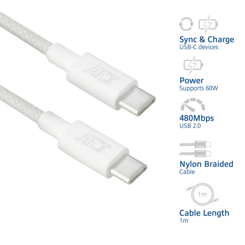 ACT Cavo di ricarica/dati USB 2.0 60W USB-C a USB-C, bianco, 1 m (AC3080)