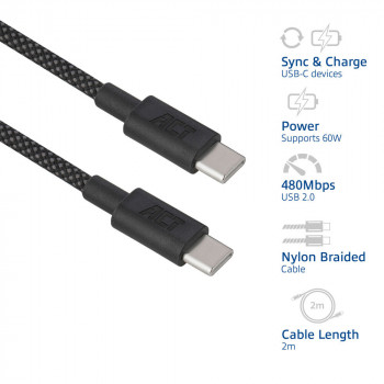 ACT Cavo di ricarica/dati USB 2.0 60W USB-C a USB-C, nero, 2 m (AC3083)