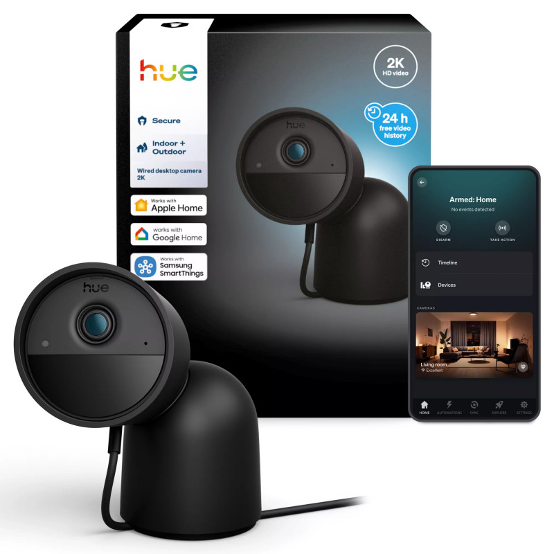 Philips Hue Secure Wired Camera con base, risoluzione video 2K, nero