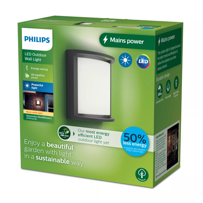 Philips Outdoor Samondra lampada da parete ultra efficiente 3,8W, 2700 Kelvin antracite