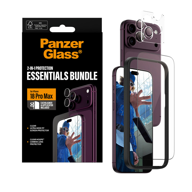 PanzerGlass 2-in-1 Essentials Bundle pellicola protettiva display e protezione obiettivo fotocamera per iPhone 18 Pro Max
