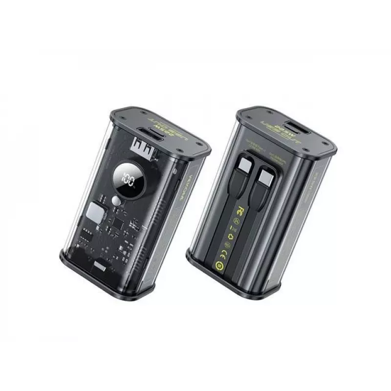 Power bank WEKOME WK-WP-345 serie Vanguard, 10000 mAh, cavo USB-C e Lightning integrato, PD 20 W + QC 22,5 W, nero