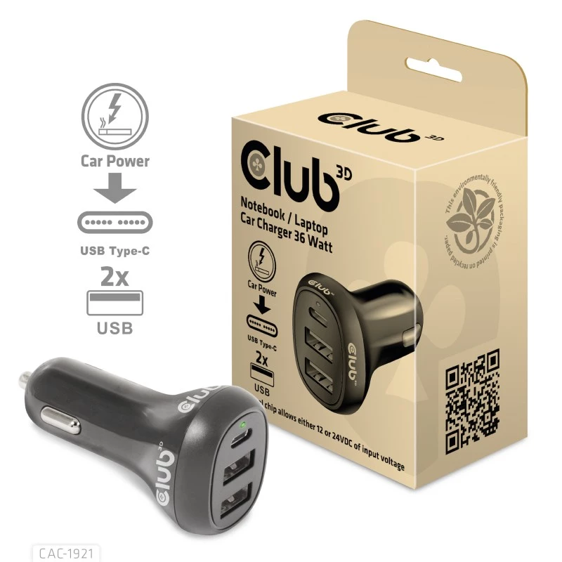 Caricabatterie da auto per notebook/laptop CLUB3D 36 Watt, auto, accendisigari, 24 V, nero