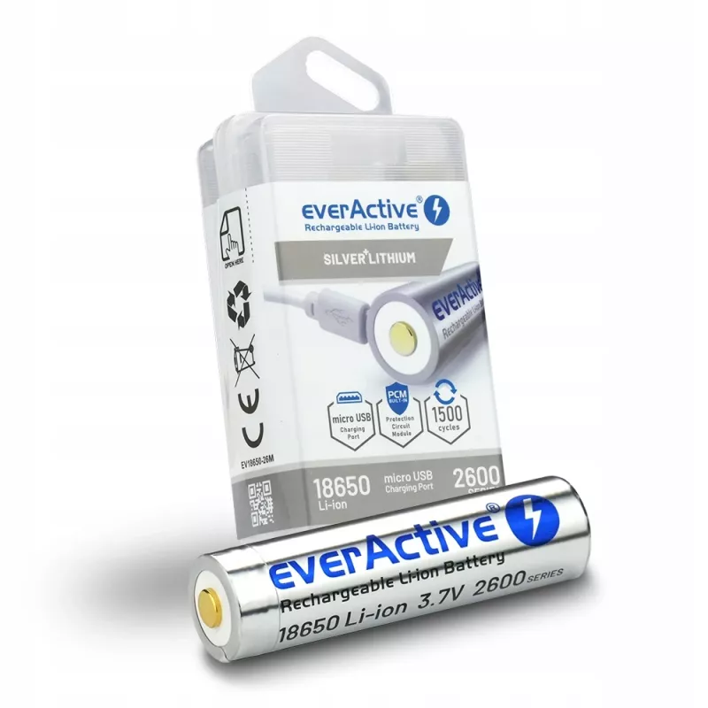 Batteria everActive 18650 3.7V Li-ion 2600mAh micro USB con protezione BOX