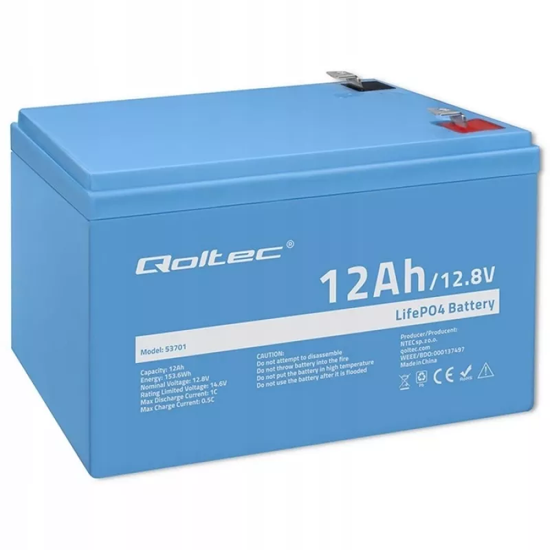 Batteria ricaricabile Qoltec LiFePO4 litio ferro fosfato 12,8 V 12 Ah 153,6 Wh con BMS