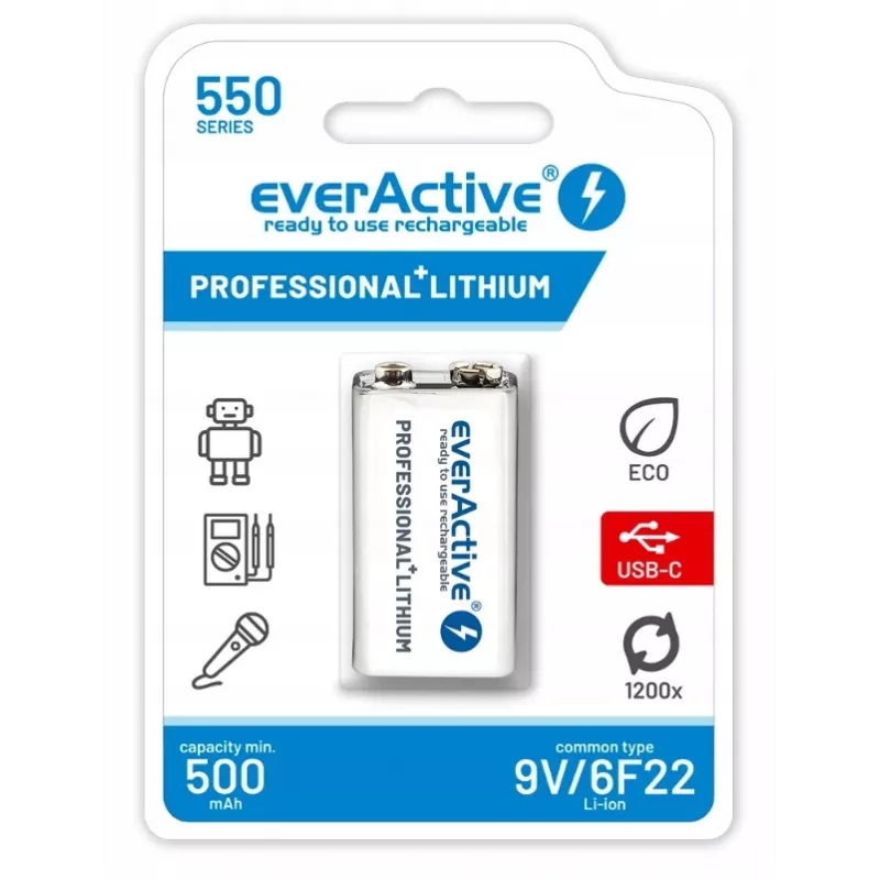 Batteria ricaricabile everActive 6F22/9V Li-ion 550 mAh con USB TYPE C