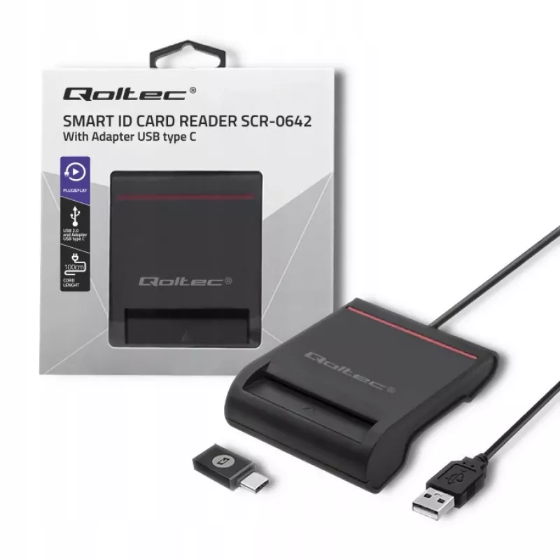 Lettore di carte ID QOLTEC Smart-Chip — USB, nero, 84,5×65×16 mm, 63 g