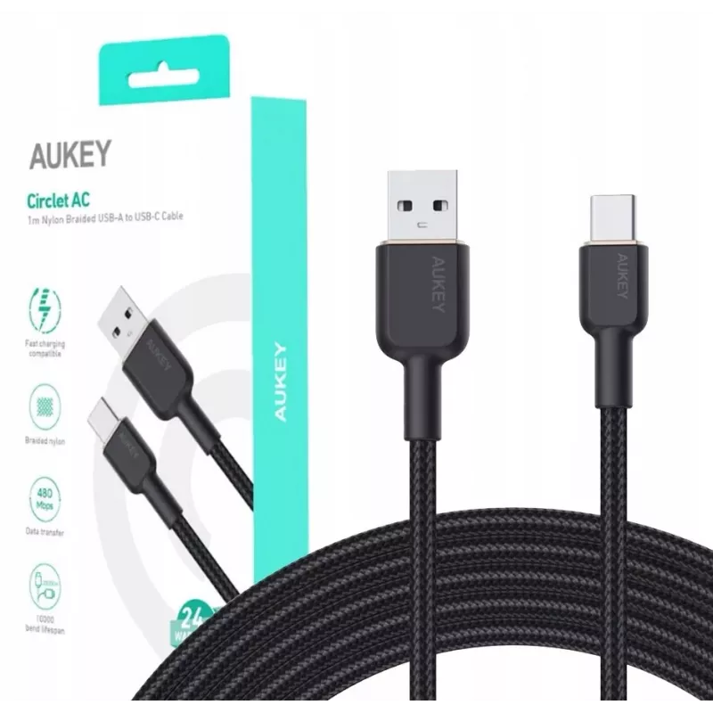 Cavo USB-A a USB-C Aukey CB-NAC1, 1 m, nylon intrecciato, USB PD 60 W, USB 2.0
