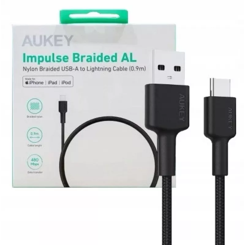 AUKEY CB-CD30 cavo da USB-A a USB-C 0,9 m, rivestimento in nylon intrecciato, 60W PD, 3A, nero