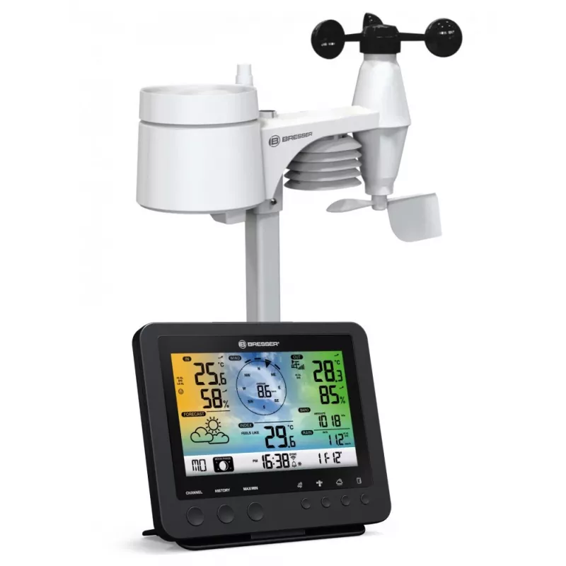 Bresser 7002580 Weather Center 5-in-1 stazione meteo digitale Wi-Fi con sensore professionale, display da 5,7″, alimentazione di rete, nera