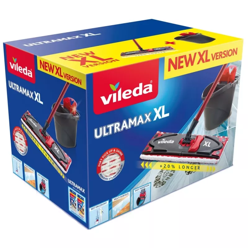 Lavapavimenti VILEDA Ultramax XL Box — testa rotante 360° in microfibra lavabile, pieghevole, per pavimenti duri
