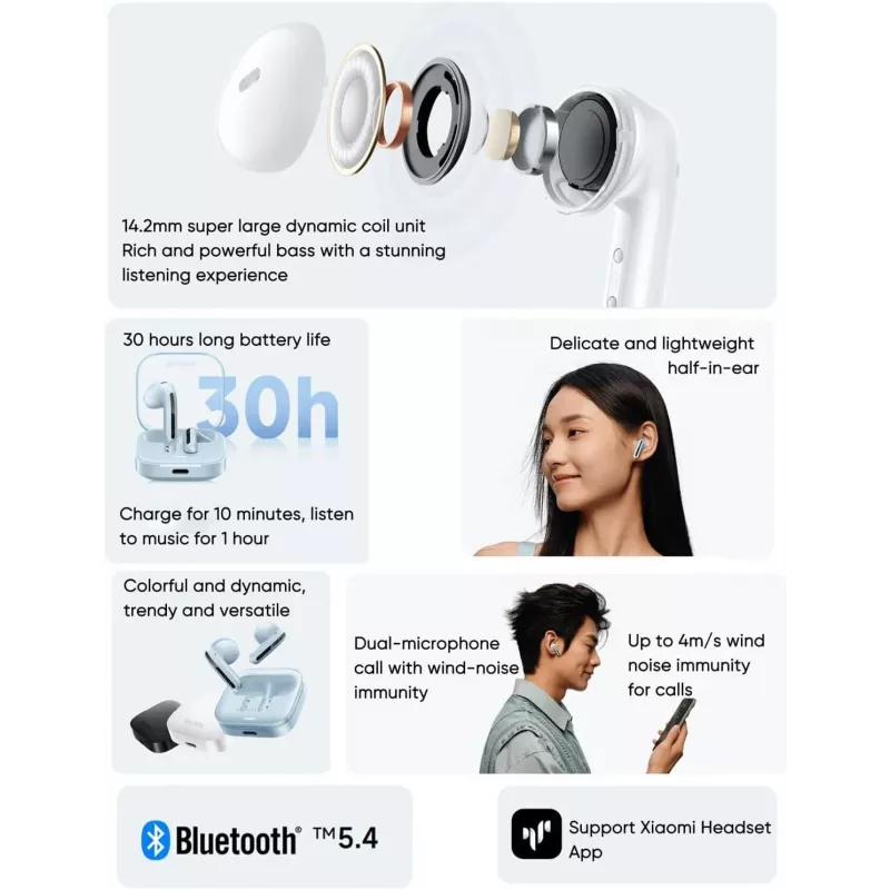 Xiaomi Redmi Buds 6 Active BHR8391GL cuffie auricolari True Wireless, Bluetooth 5.4, IPX4, portata fino a 10 m, bianche