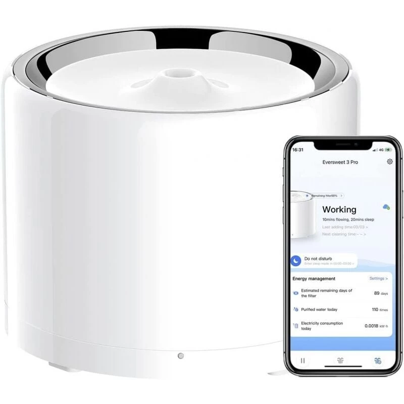 PETKIT Eversweet 3 Pro UVC fontanella smart per animali, wireless, 1,35 l, acciaio inox, bianca
