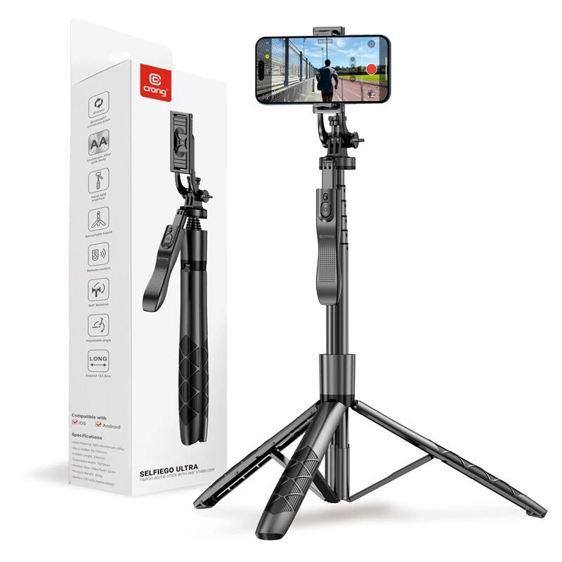 Selfie stick con treppiede Crong CRGSGU1BLK alluminio Bluetooth con gambe pieghevoli e supporto per telefono