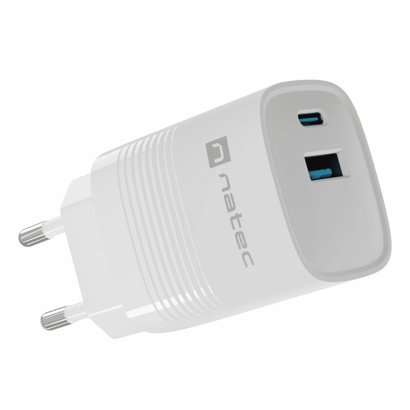 Caricabatterie con filo per dispositivi mobili NATEC NUC-2140, 30W, USB-C PD 3.0 + USB-A, Samsung AFC, bianco