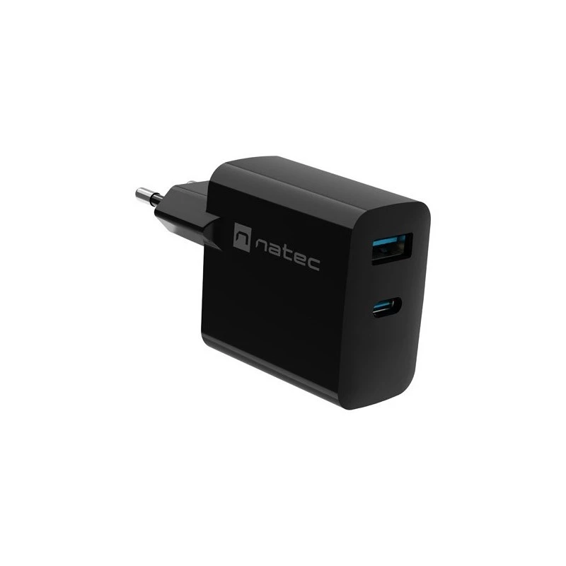 Caricabatterie con filo per dispositivi mobili NATEC NUC-2143, 45 W, USB-C PD 3.0 + USB-A QC 3.0, 110–240 V, nero