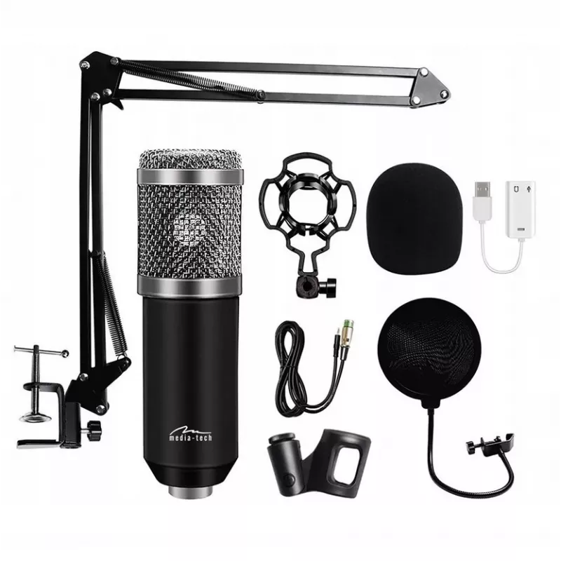 Microfono PC MEDIA-TECH MT397S — con filo, ingresso XLR, 20–20000 Hz, 150 Ω, -32 dB, cavo 2,4 m, supporto da tavolo, nero