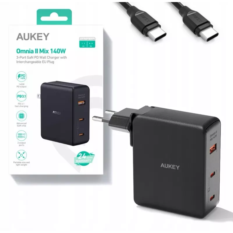 Caricabatterie da parete Aukey PA-B7O, 3×USB, tecnologia GaN